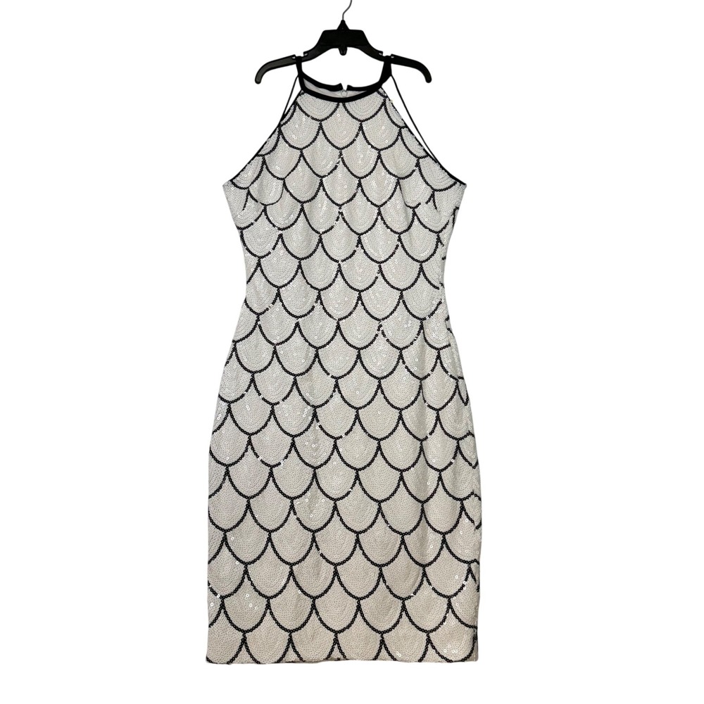 Cache Womens Dress Size 2 White Black Sequin‎ Halter Sleeveless Cocktail Party